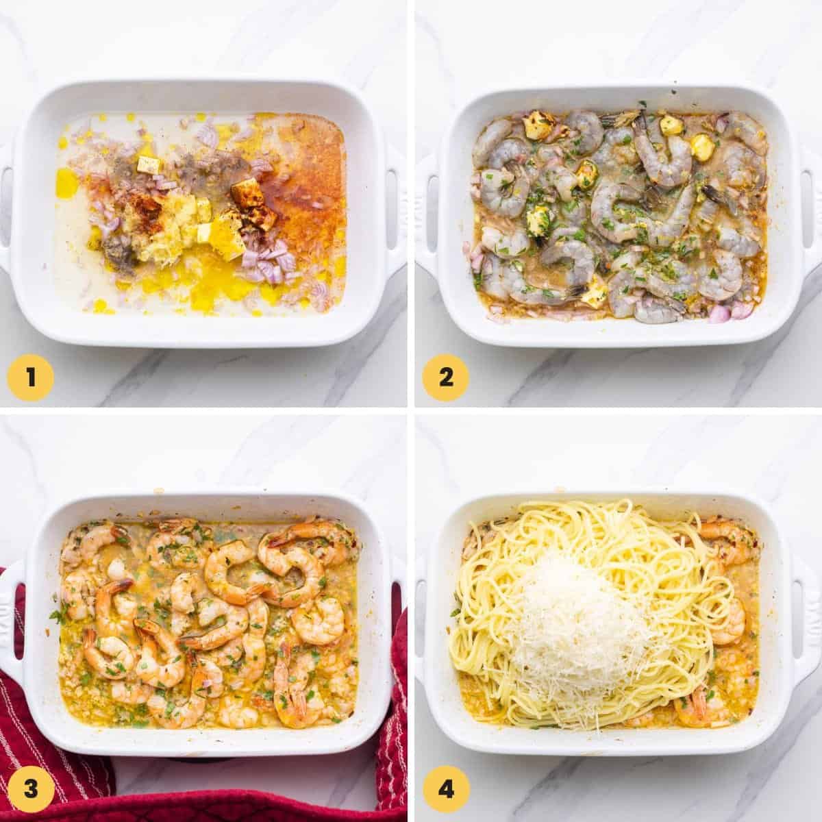 a collage of four images showing how to make easy baked shrimp scampi with raw shrimp and pasta