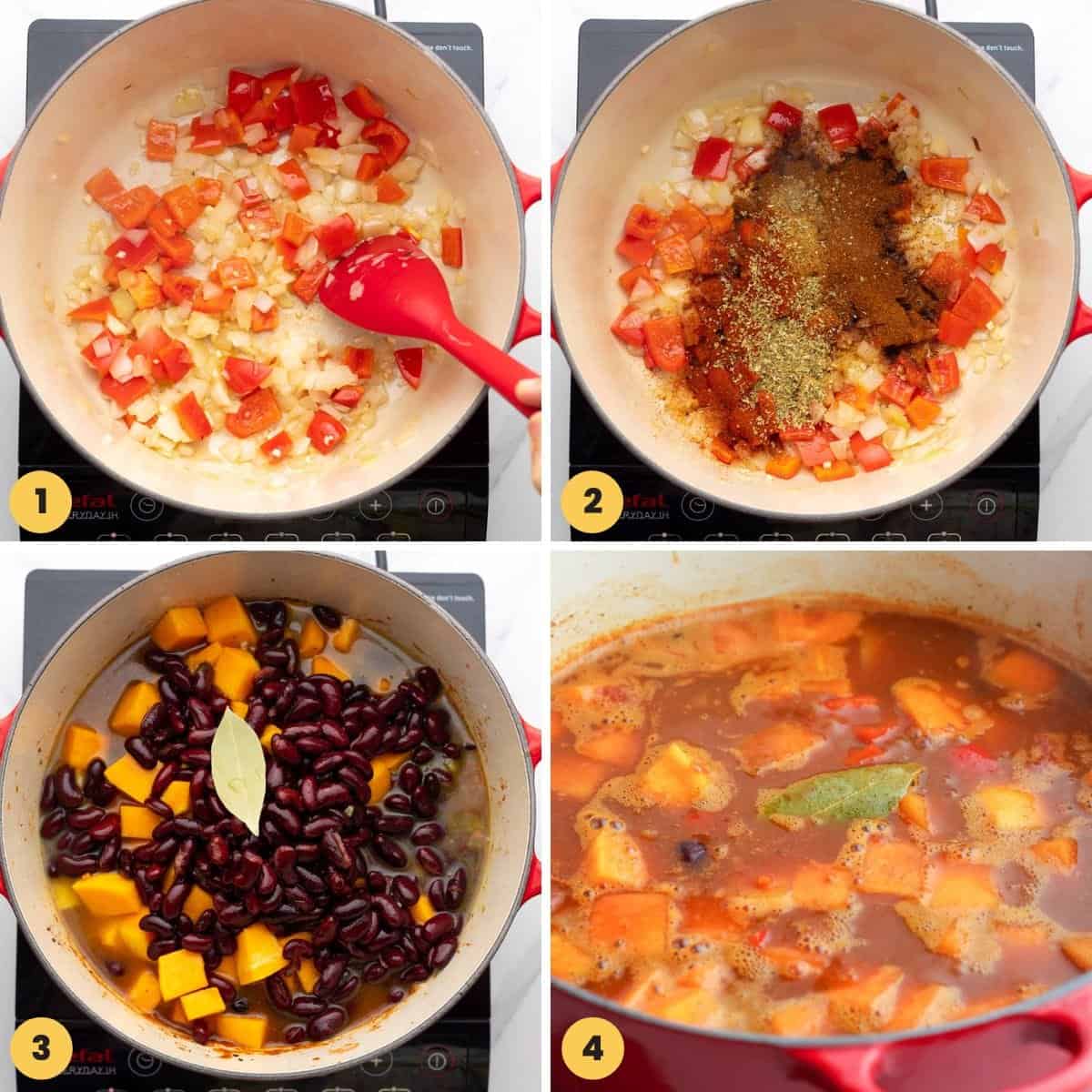 a collage of four images showing how to make butternut squash chili on the stove.
