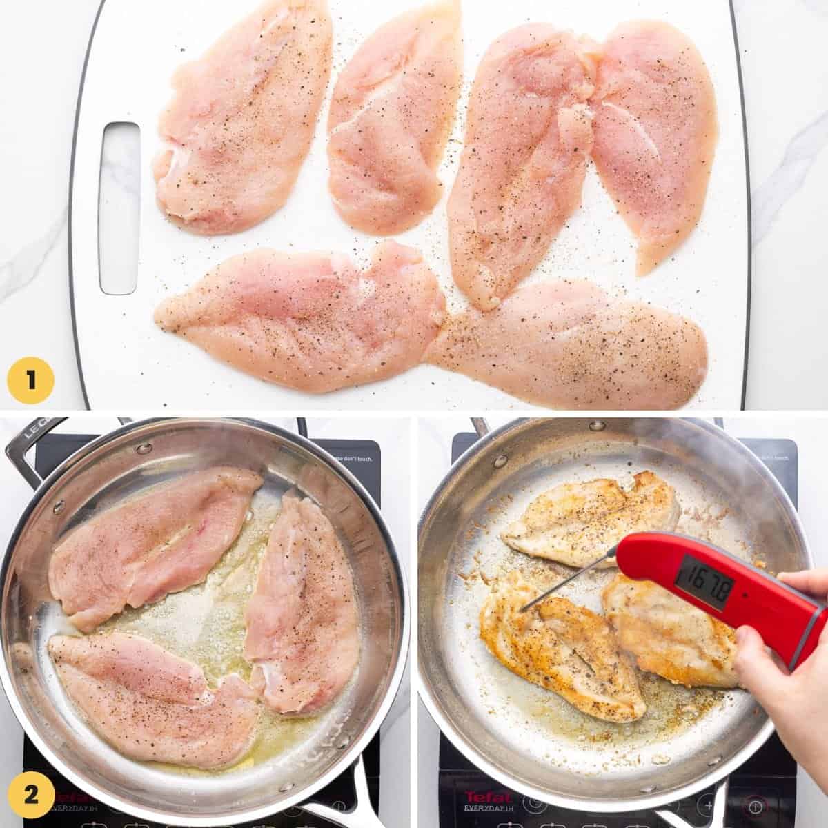 A collage of three images showing how to prepare and pan-fry chicken cutlets.