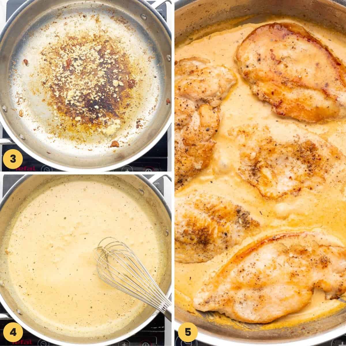 A collage of three images showing how to make an easy creamy pan sauce for chicken lazone