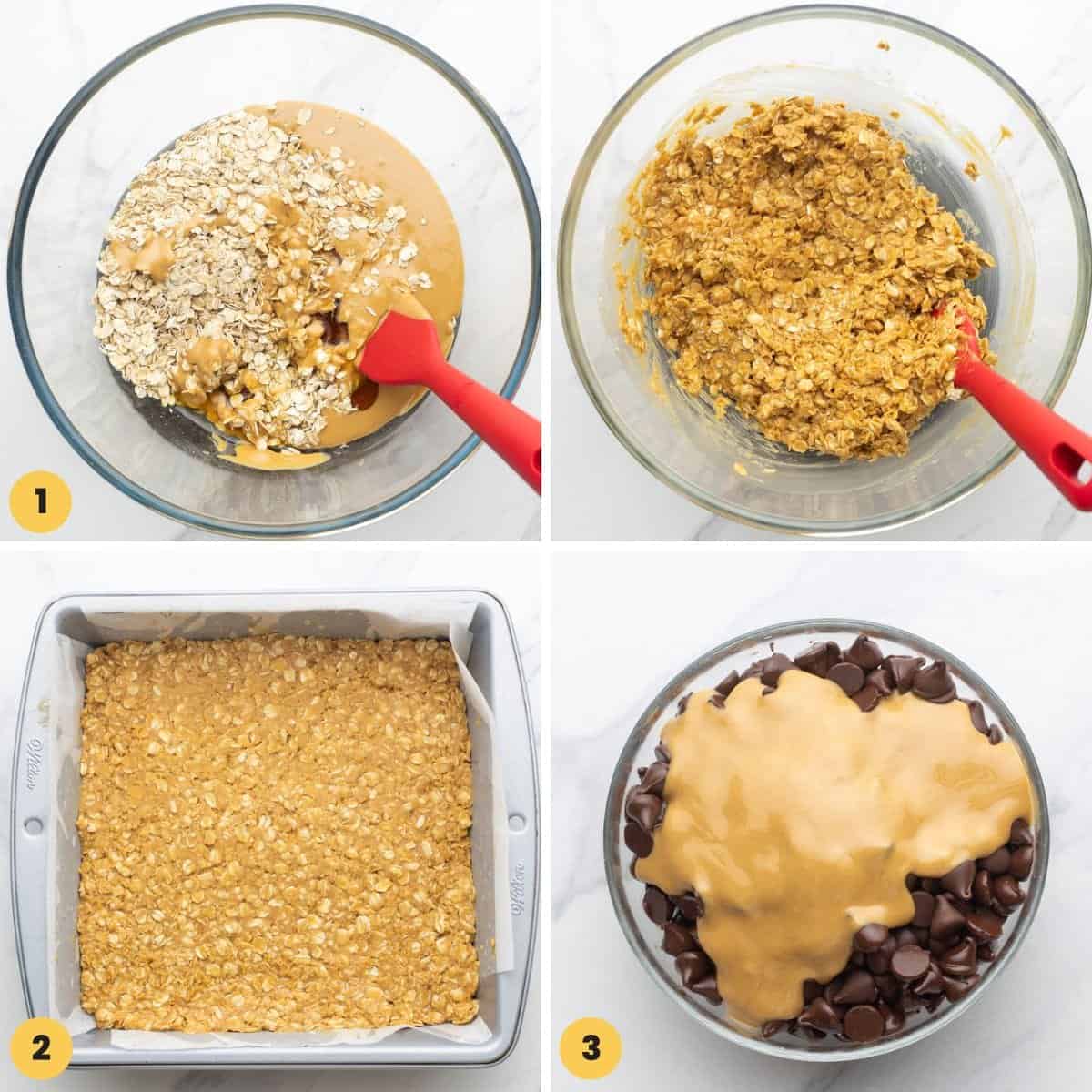 a collage of four images showing how to mix the ingredients for no bake oatmeal bars