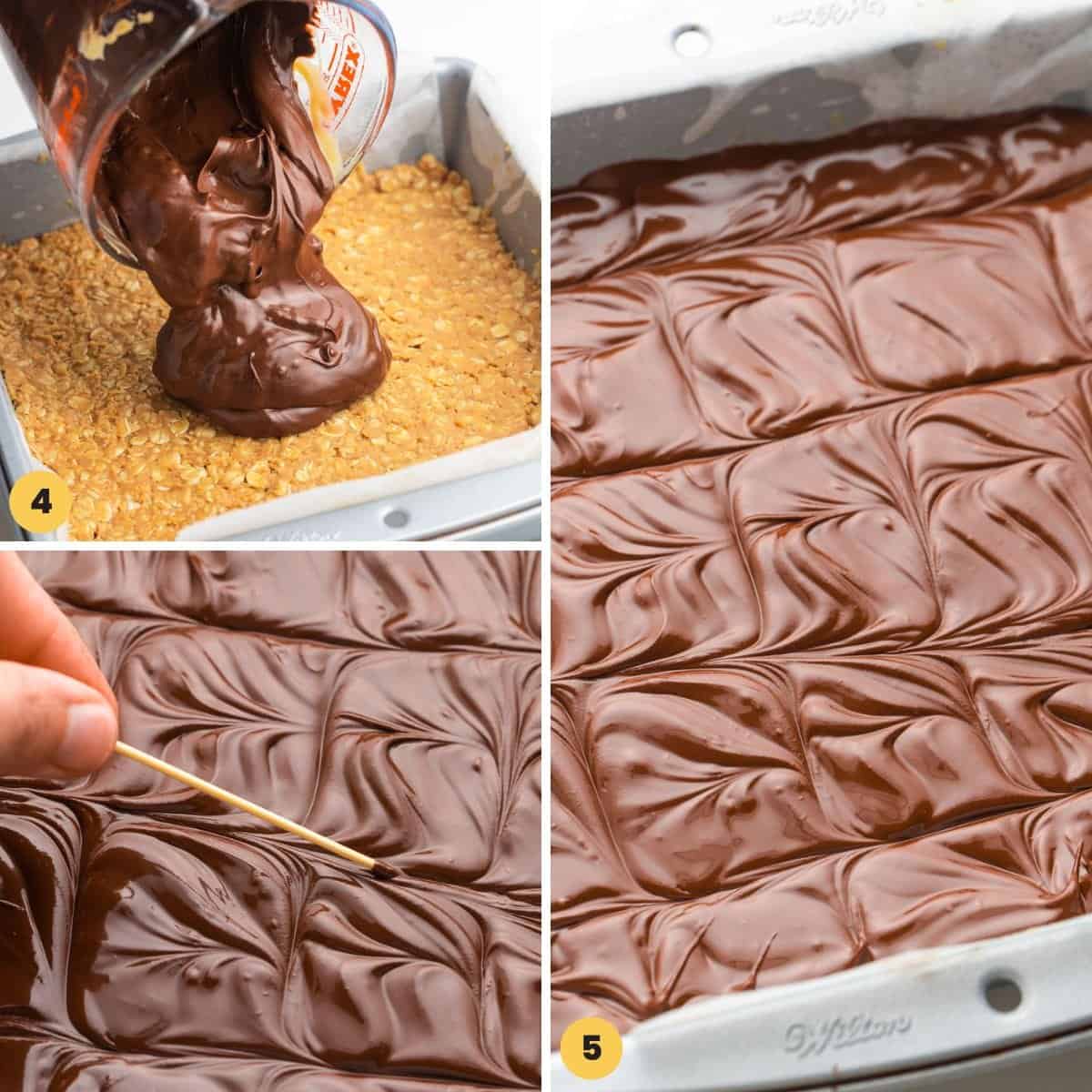 a collage of three images showing how to add a melted chocolate topping to no bake oatmeal bars.
