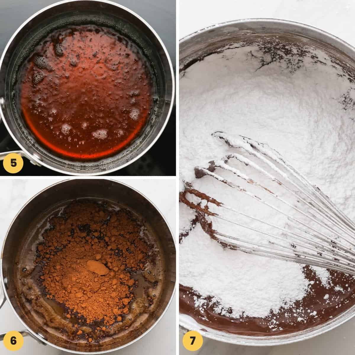A collage of three images showing how to make the batter for coca cola cake