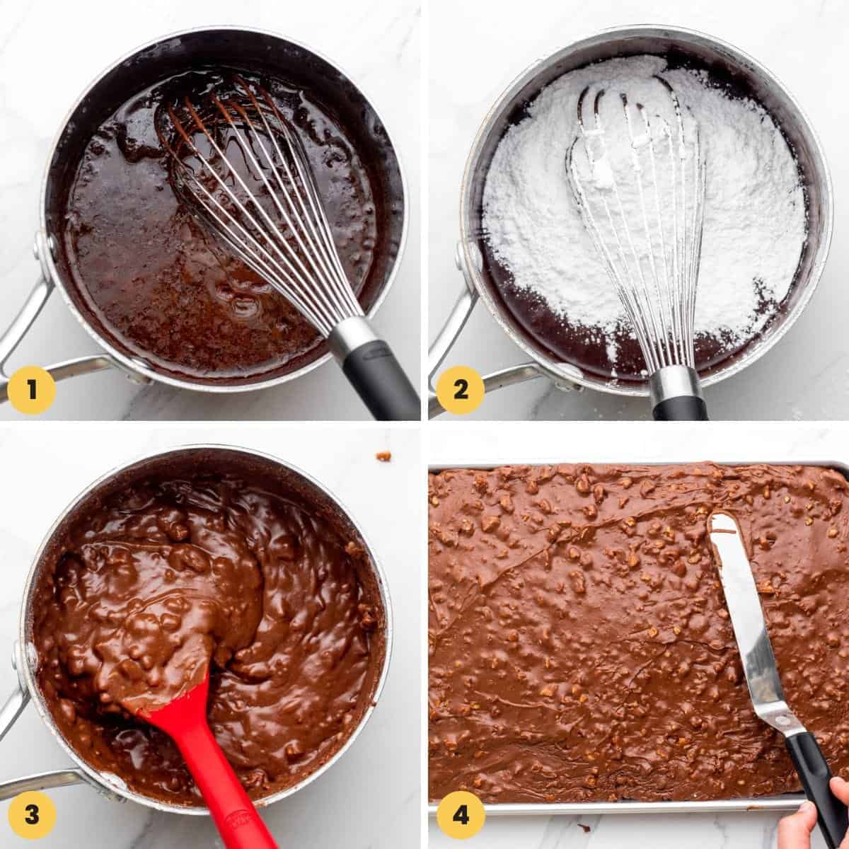 a collage of four images showing how to make texas sheet cake frosting.