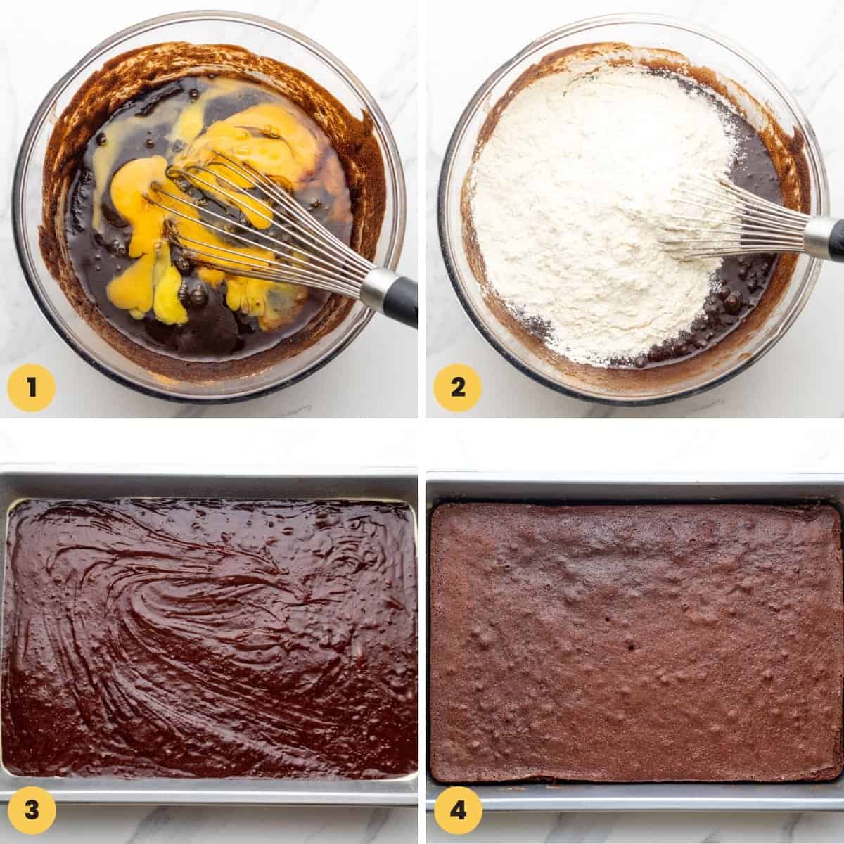 a collage of four images showing how to mix and bake lunch lady brownies