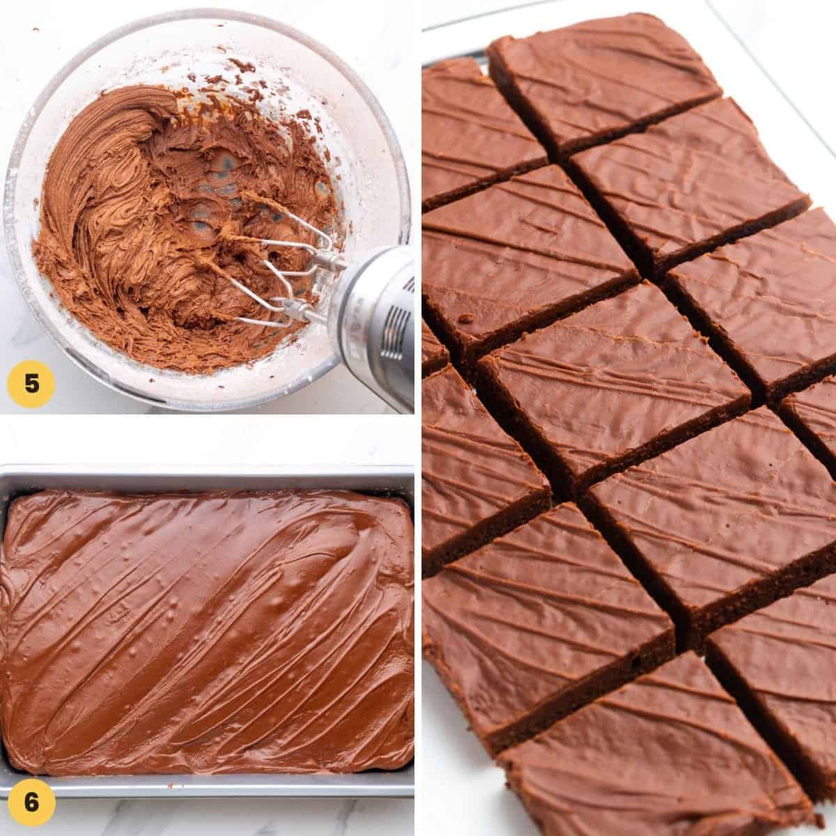 a collage of three images showing how to make chocolate frosting for brownies.