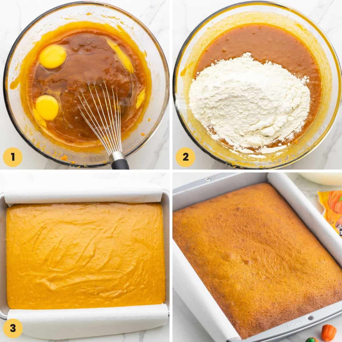 a collage of three images showing how to make the easiest pumpkin cake