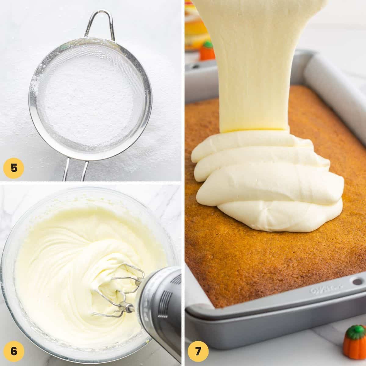 a collage of 3 images showing how to make frosting for pumpkin cake.