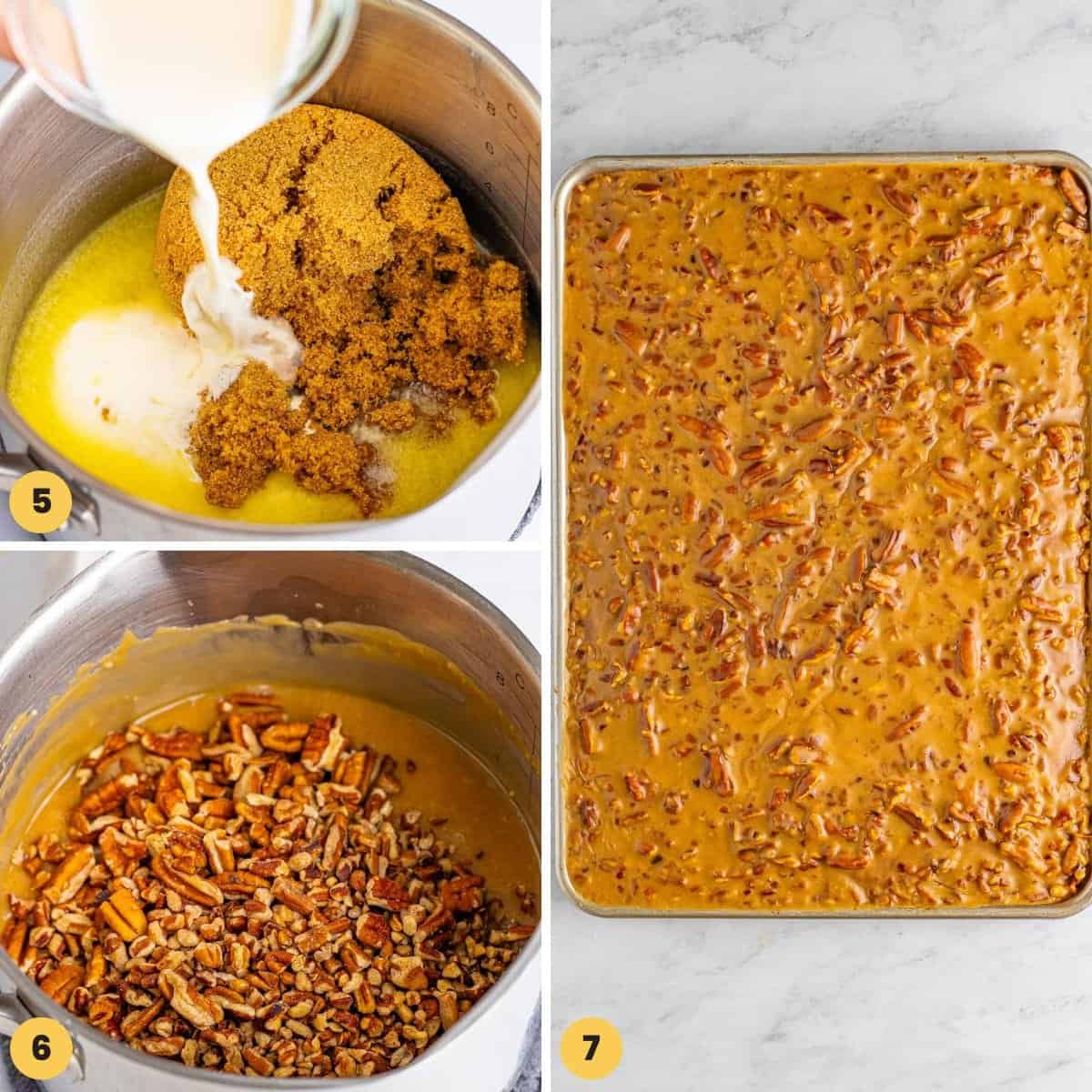 a collage of three images showing how to make bourbon praline frosting for pumpkin cake.