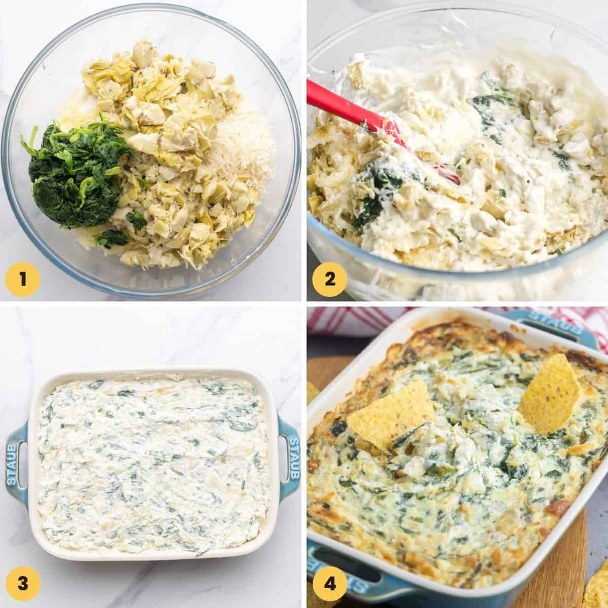 Collage of four images showing how to make spinach artichoke dip