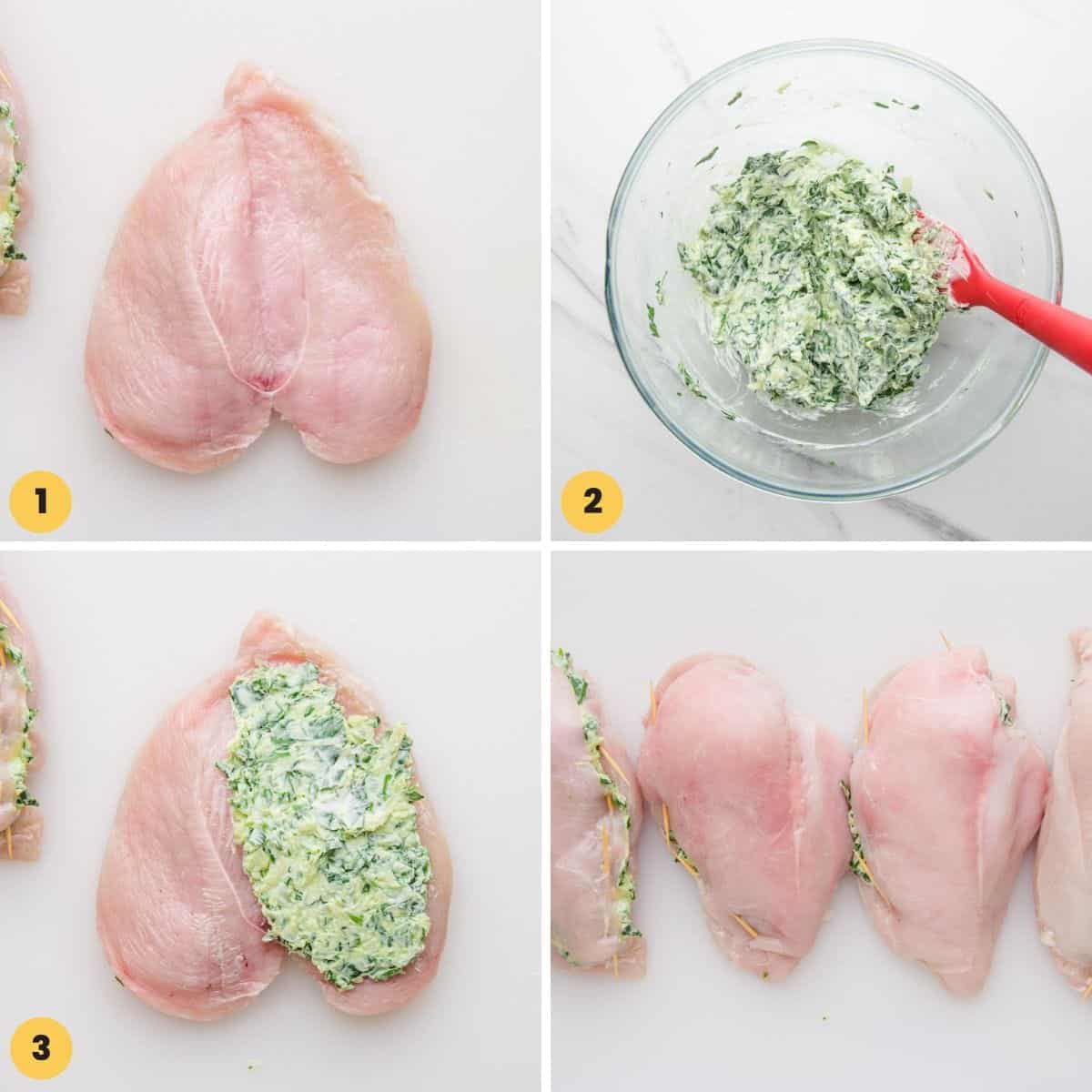 Collage of four images showing how to stuff chicken breasts with spinach cheese filling