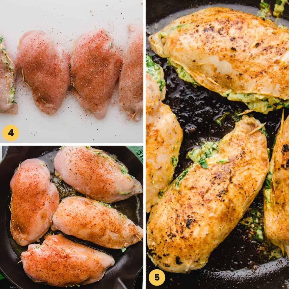 Collage of 3 images showing how to sear spinach stuffed chicken breasts