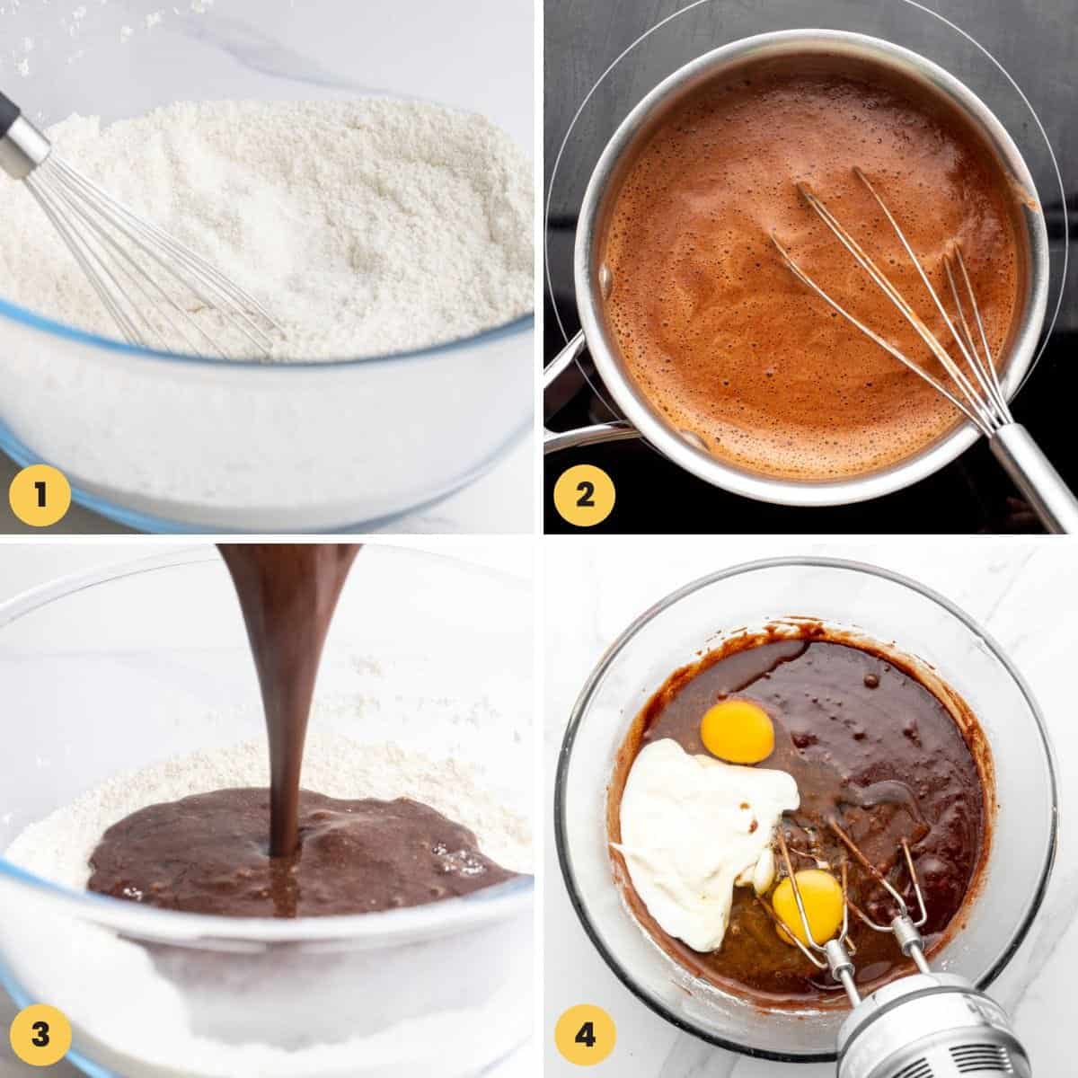 a collage of four images showing how to make the batter for texas sheet cake