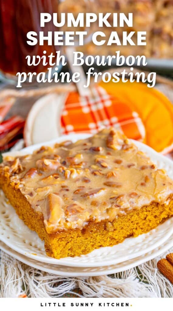 a square piece of pumpkin cake on a plate. Text overlay says "pumpkin sheet cake with bourbon praline frosting"