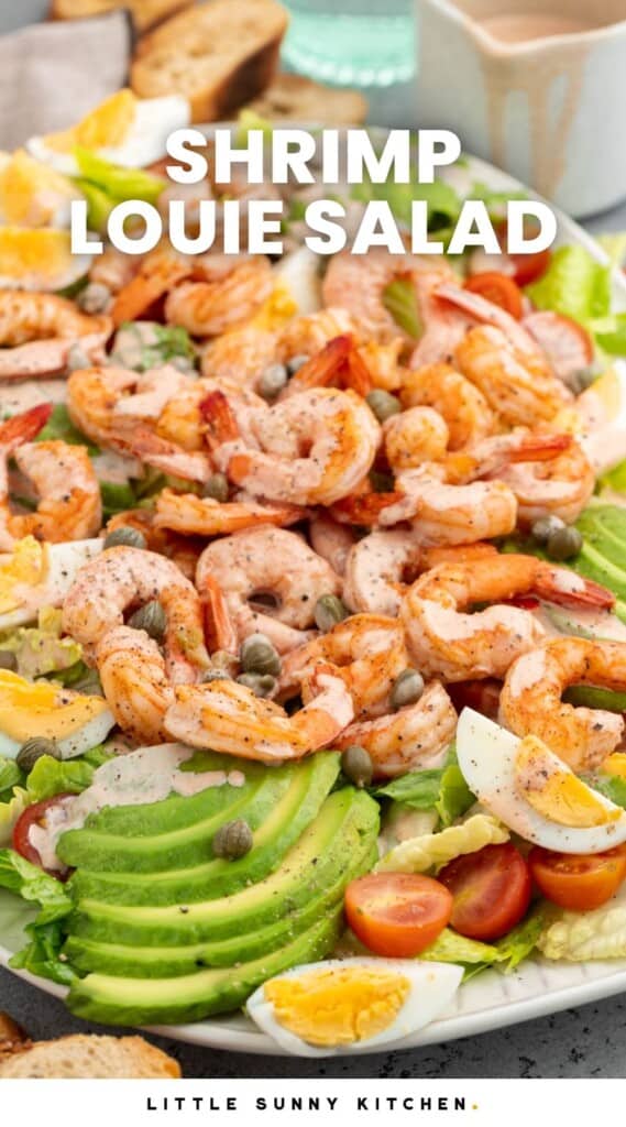 a salad of avocado, eggs, and shrimp. Text overlay says "shrimp louie salad"