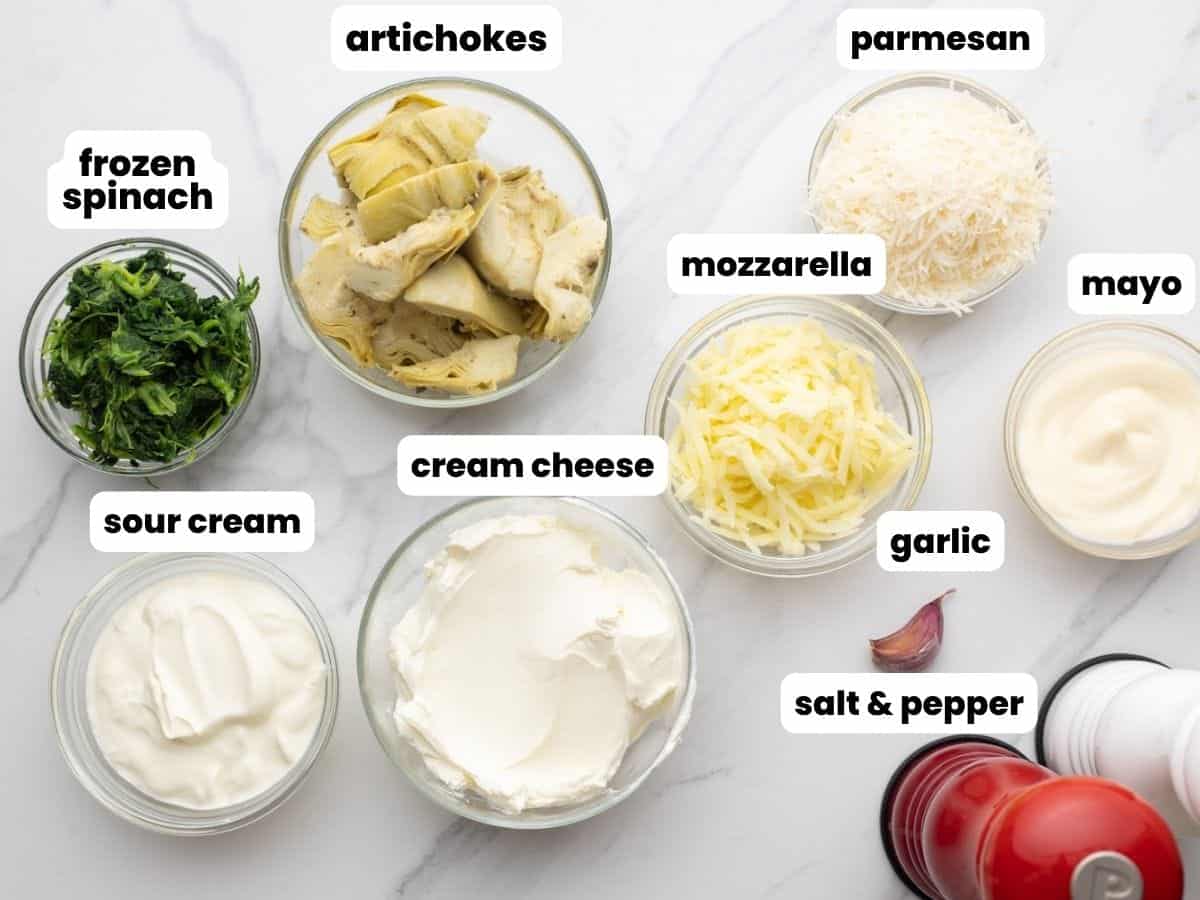 Ingredients needed to make spinach artichoke dip