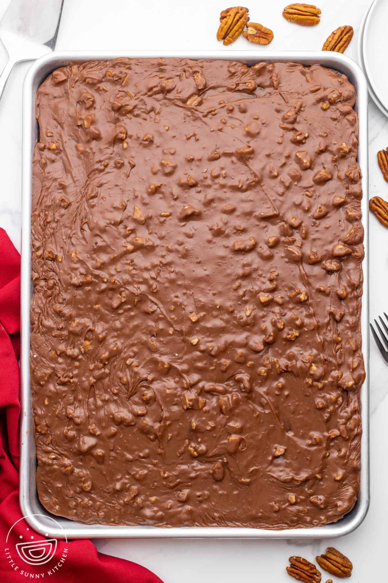 A large texas sheet cake with pecan chocolate frosting.