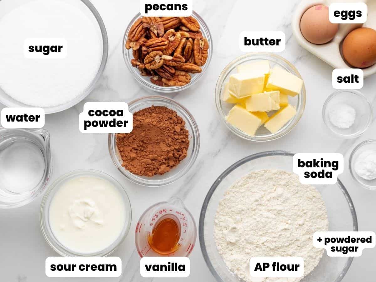 The ingredients needed to make texas sheet cake from scratch.