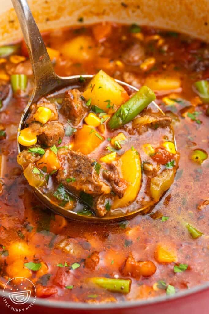 beef vegetable soup in a pot. a ladle is holding some of it up.