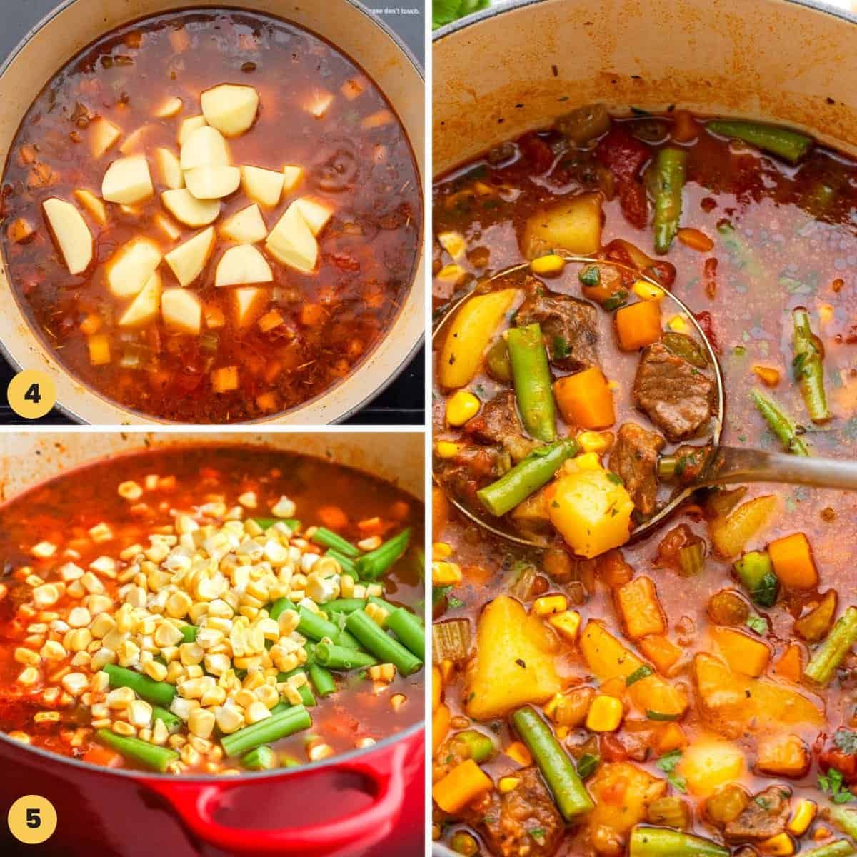 a collage of images showing how to make beef soup with potatoes, corn, and green beans.
