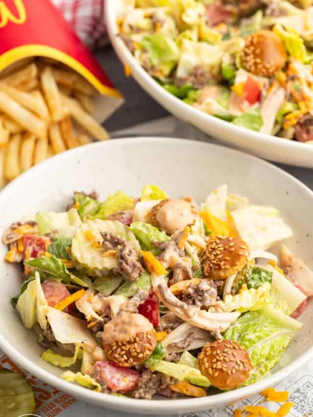 a single serving of big mac salad with little hamburger bun croutons.