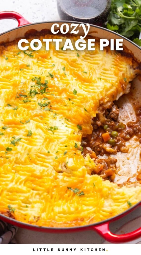 cottage pie in a round baking dish. Text overlay says Cozy Cottage Pie.