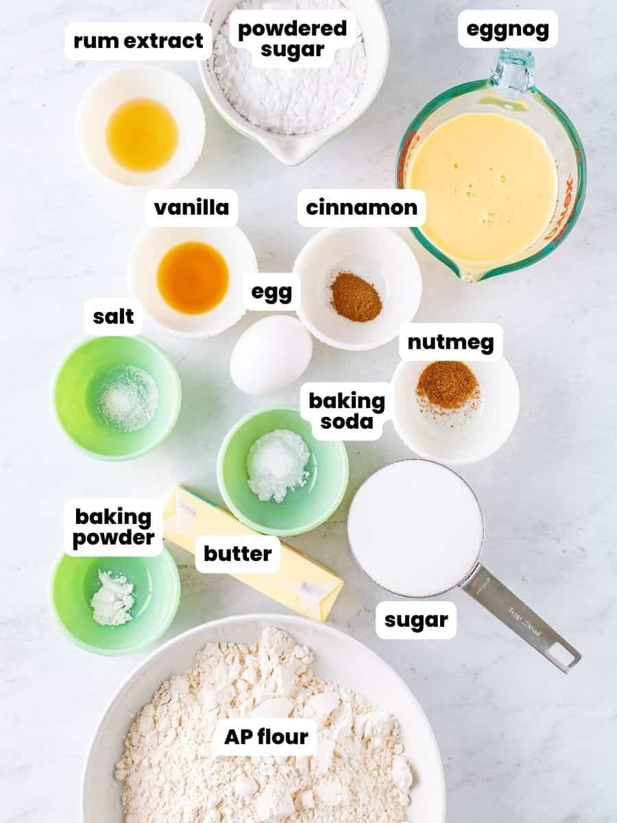 Ingredients needed to make eggnog bread with eggnog glaze