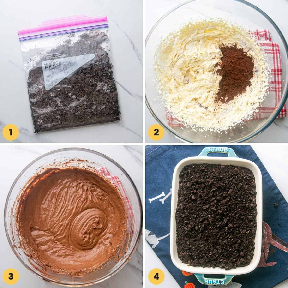 Collage of four images showing how to make Graveyard Chocolate Cheesecake Dip