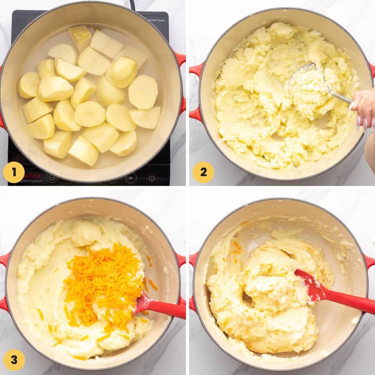A collage of four images showing how to cook and season the potato layer for cottage pie.