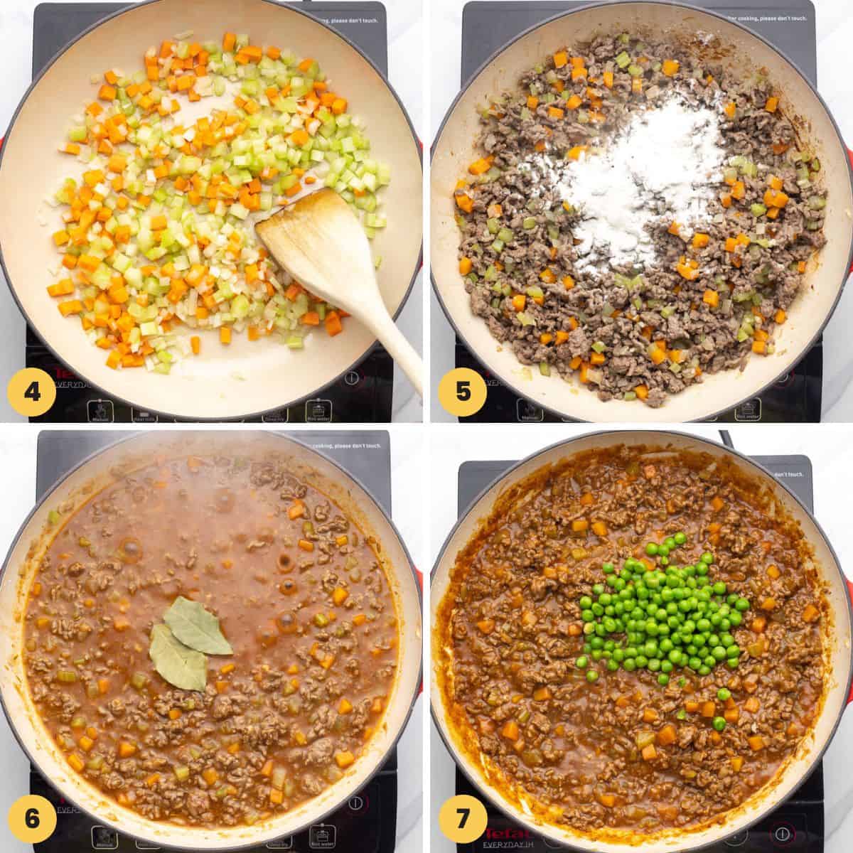 a collage of four images showing how to cook the meat and vegetable layer of cottage pie.