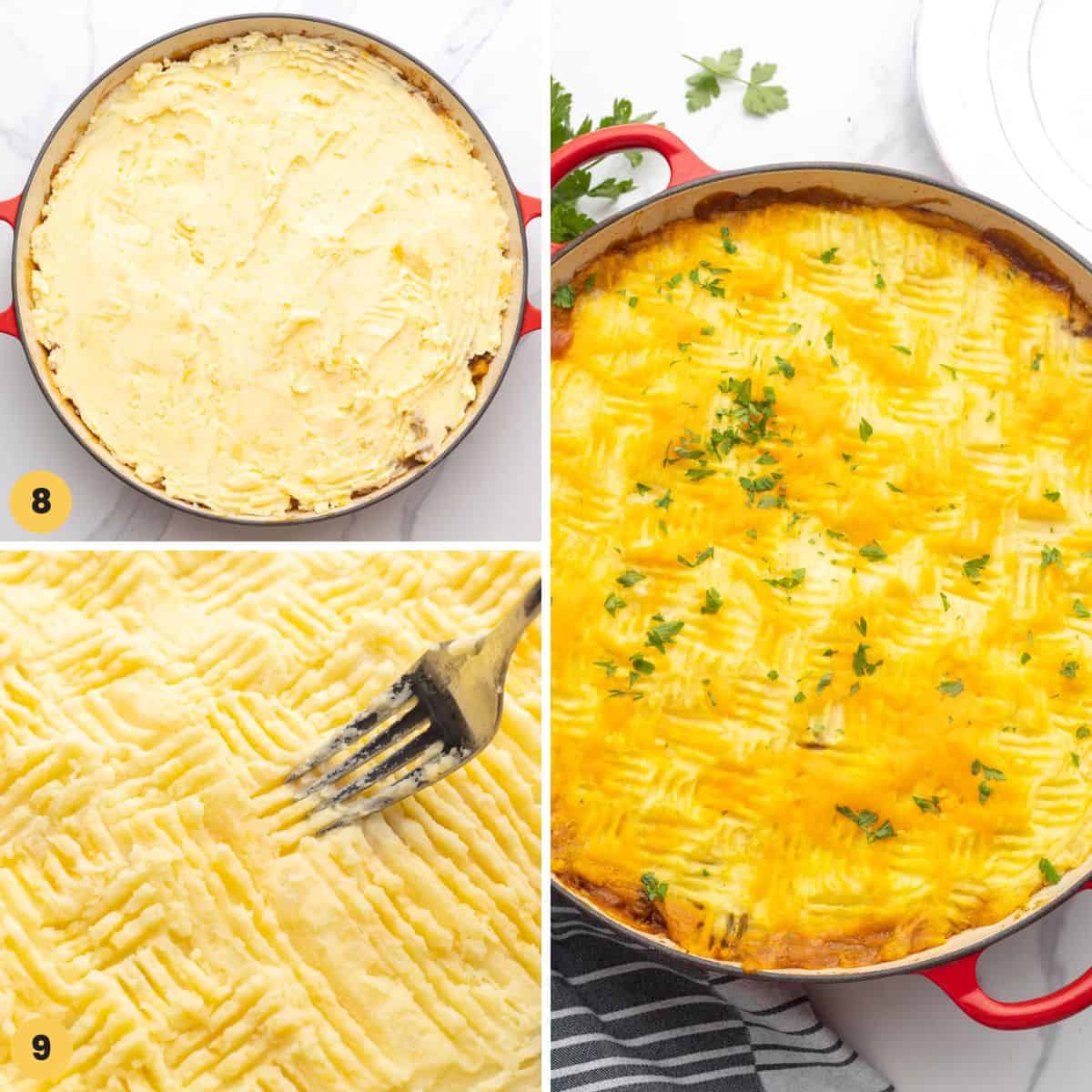A collage of thee images showing how to add potatoes to cottage pie.