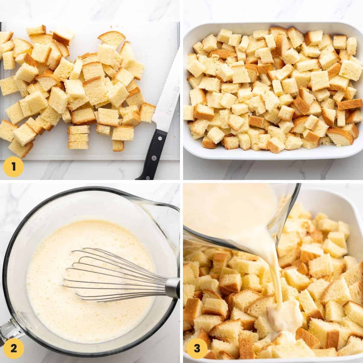 a collage of four images showing how to make french toast casserole.
