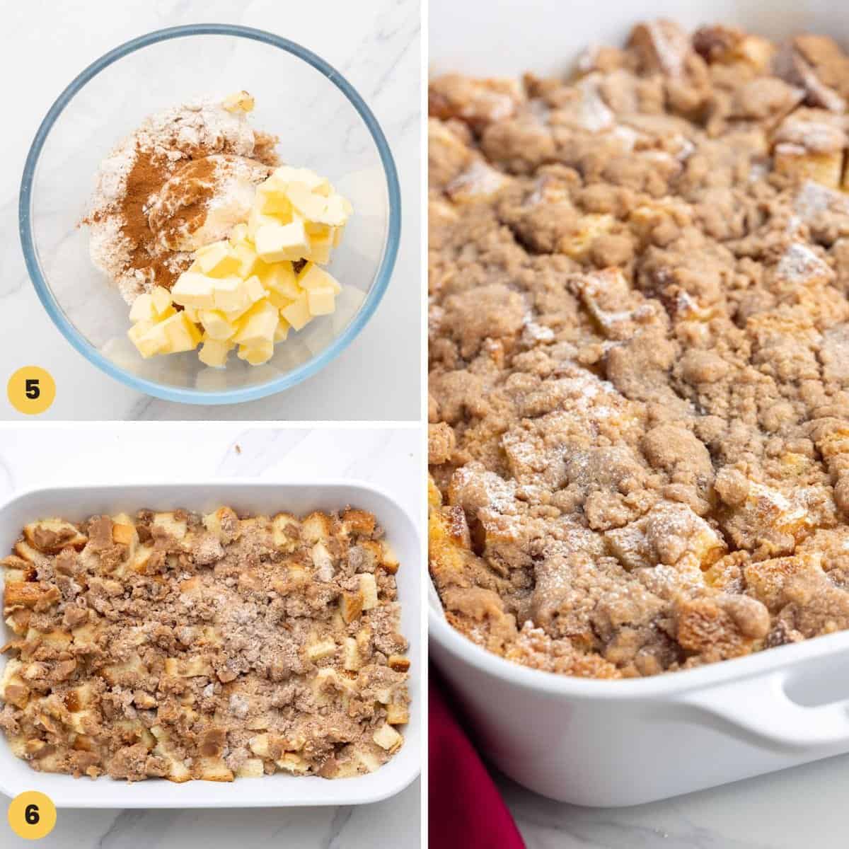 three images showing how to make a streusel topping for french toast casserole