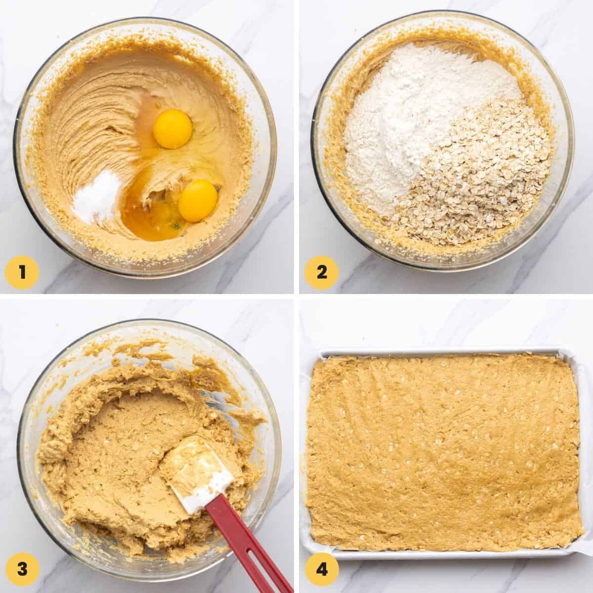A collage of four images showing how to make peanut butter oatmeal bars.