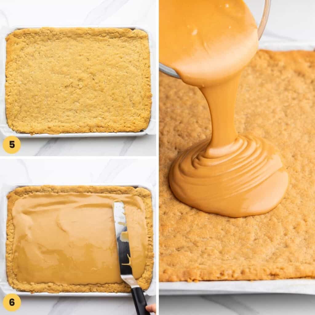 A collage of three images showing how to bake peanut butter bars, then spread melted peanut butter over them.