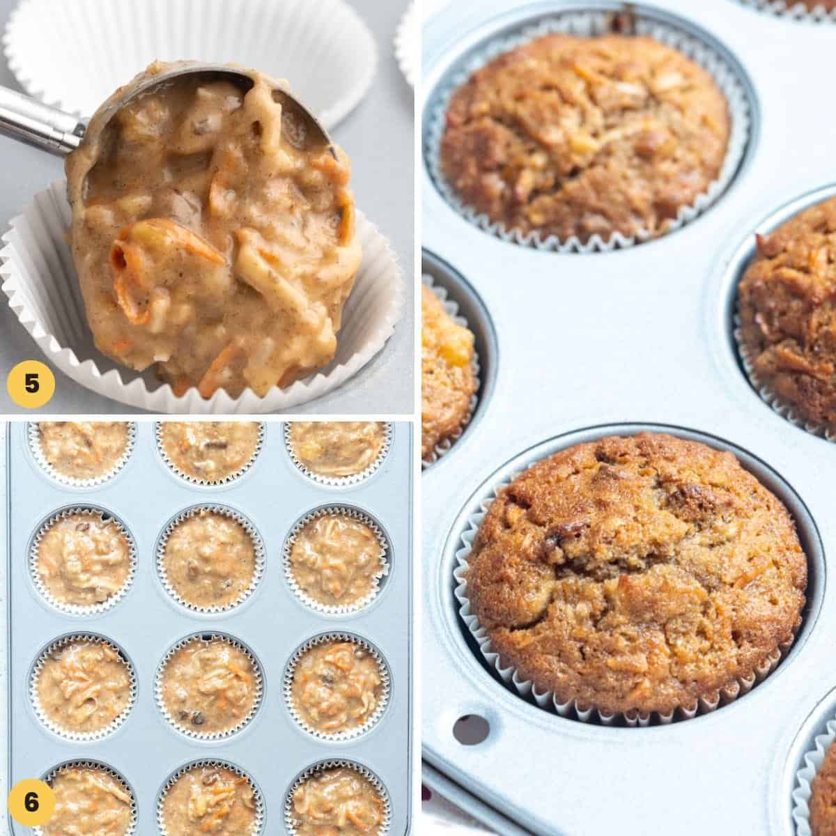 a collage of three images showing how to bake morning glory muffins in paper liners, in a muffin pan.