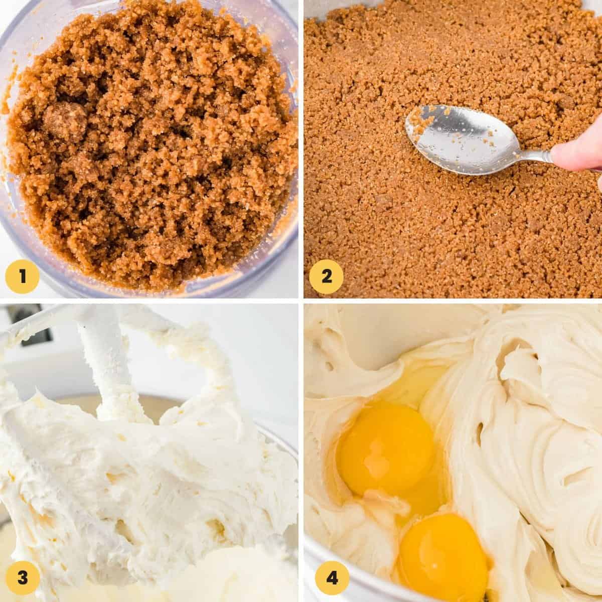 a collage of four photos showing how to make a gingersnap cookie crust and cream cheese filling for pumpkin bars.