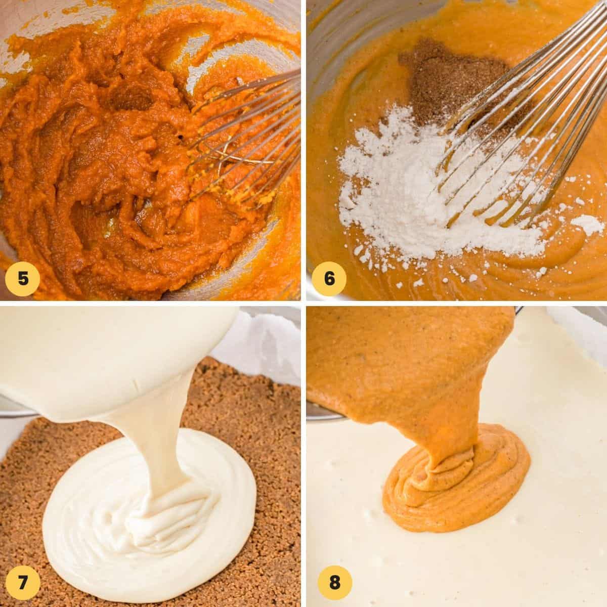 a photo collage showing how to layer pumpkin and cheesecake over a gingersnap crust to make pumpkin bars.