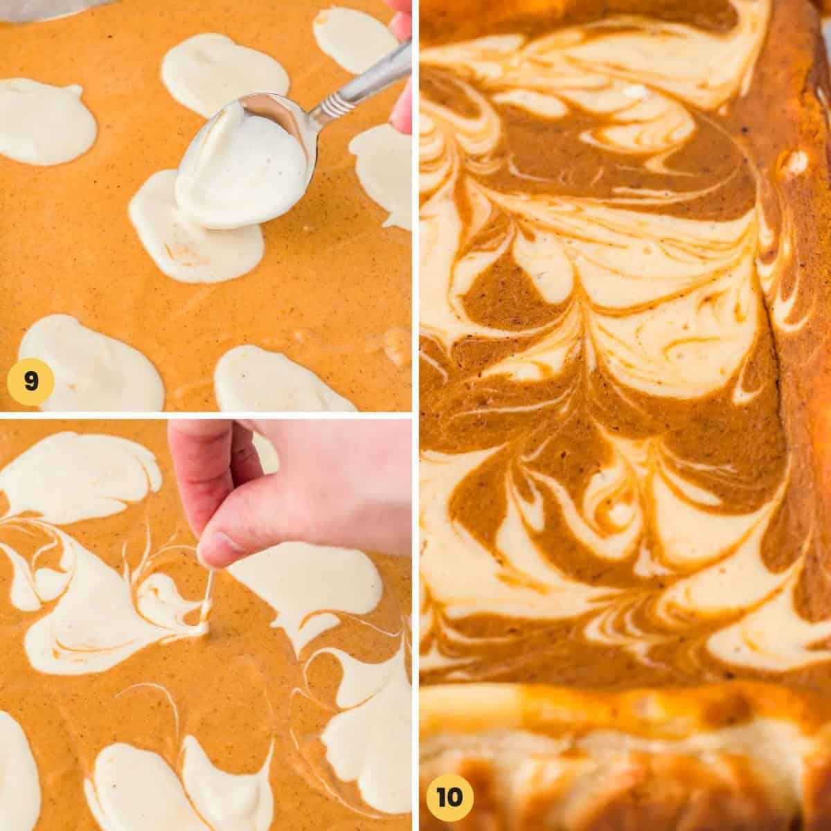 a collage of three images showing how to use a toothpick to make swirls on pumpkin cheesecake bars.