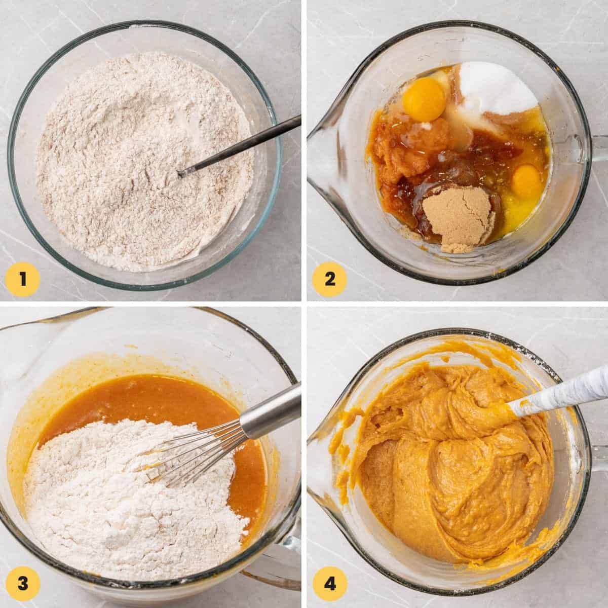 a collage of four images showing how to make dough batter for pumpkin whoppie pies