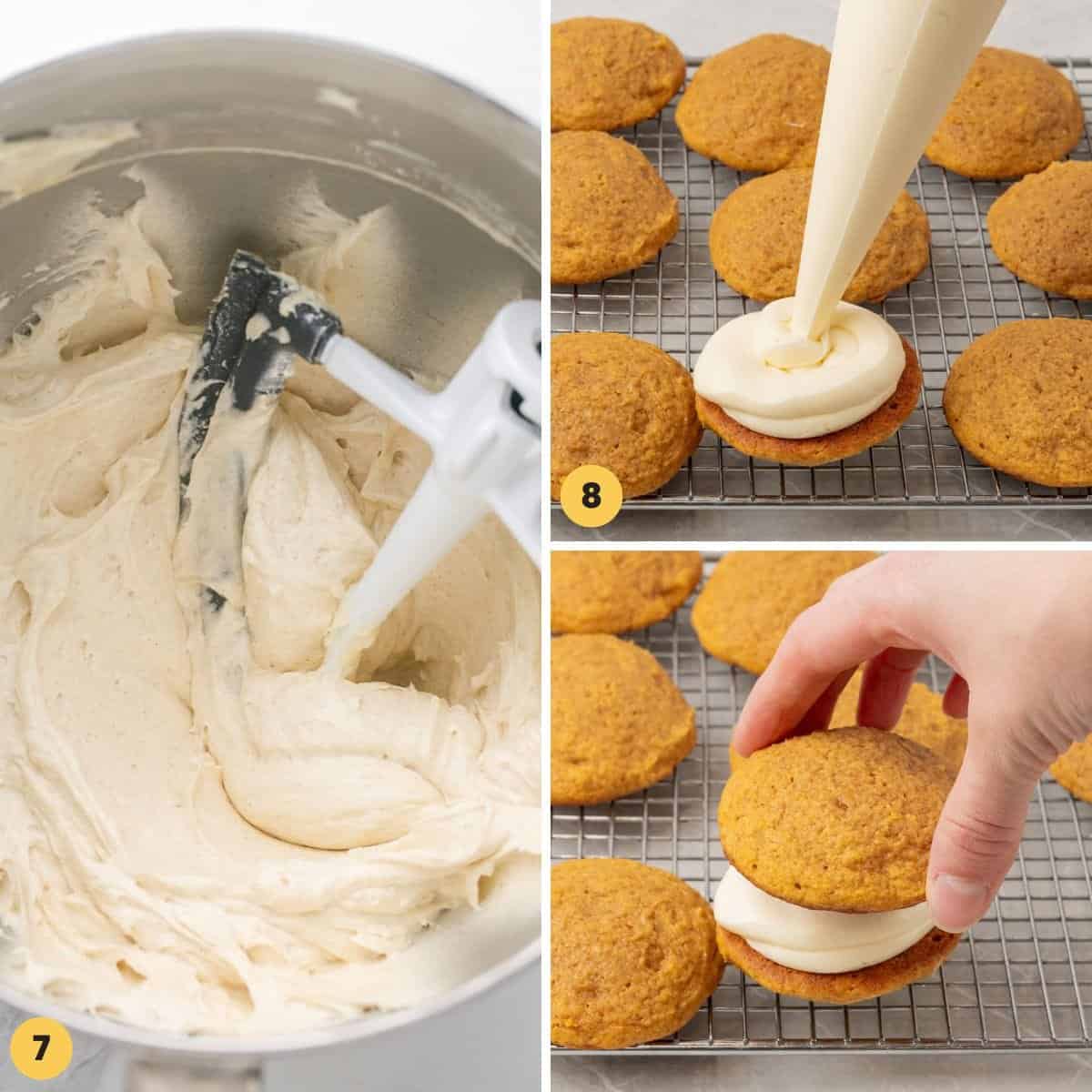 a collage of three images showing how to make the filling for pumpkin whoopie pies.