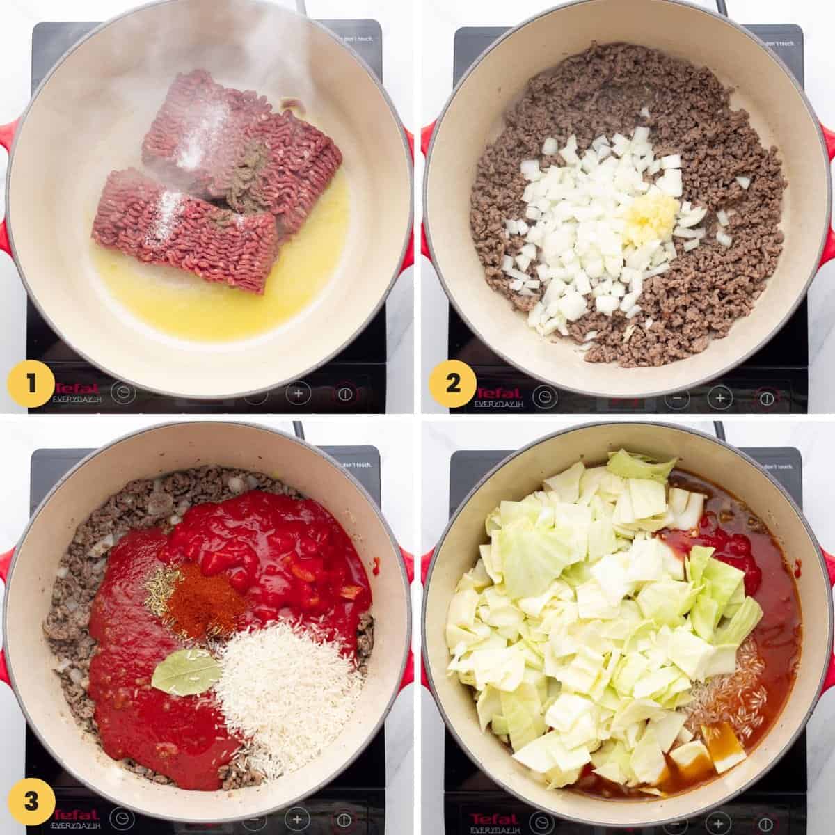 A collage of four images showing how to brown beak and add ingredients to a pot to make stuffed cabbage soup