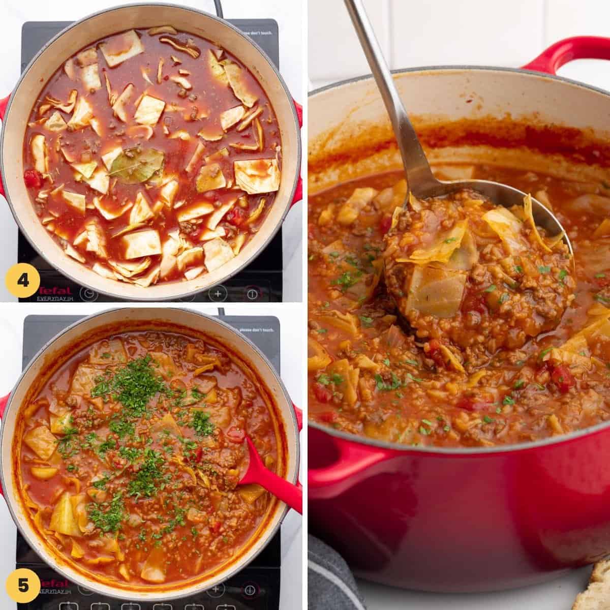a collage of three images showing stuffed cabbage soup simmering on the stove.