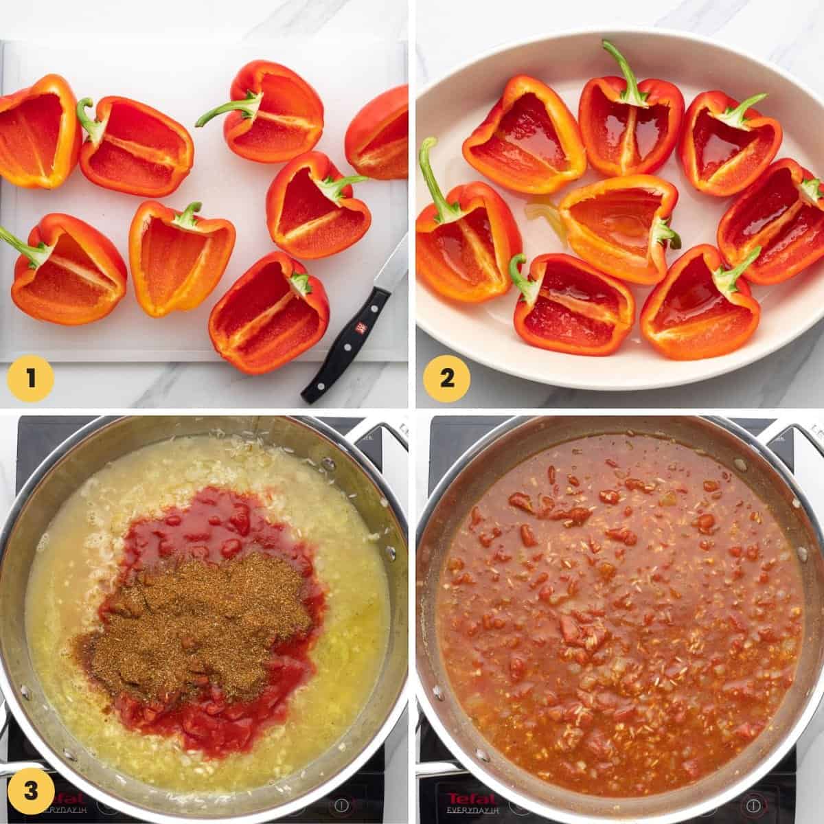 a collage of four images showing how to prepare bell peppers for stuffing, and how to make a mexican seasoned rice.