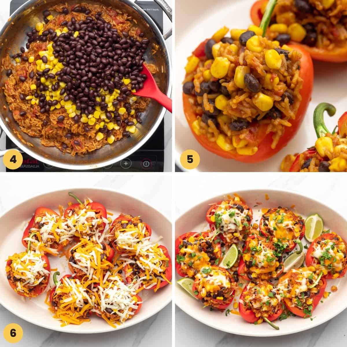 a collage of four images showing how to make a vegetarian filling for stuffed peppers and bake them