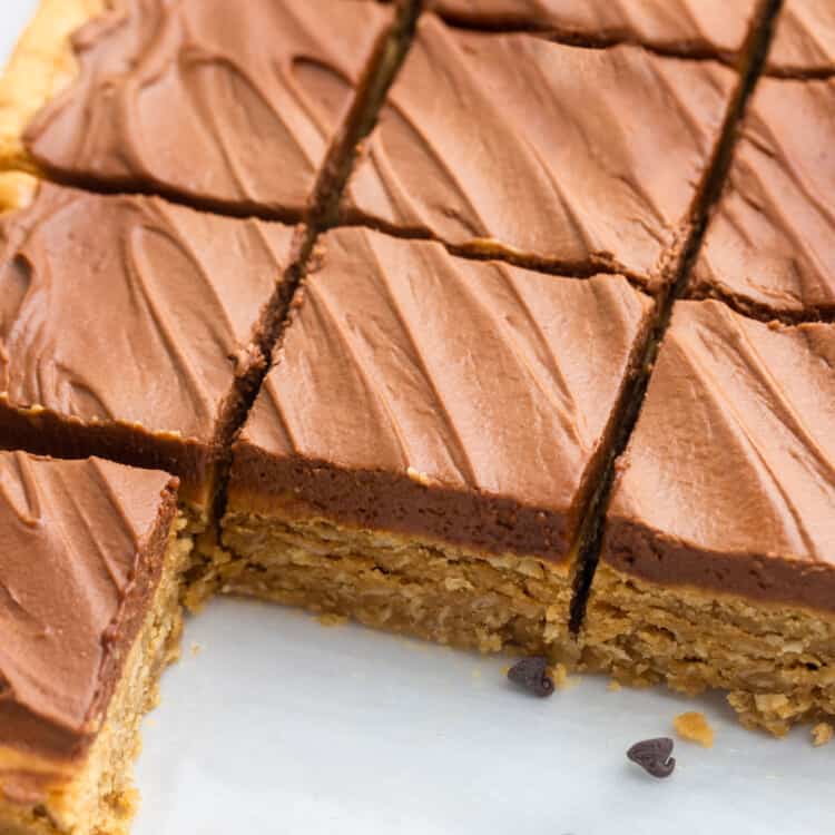 a pan of chocolate frosted peanut butter bars, cut into squares. Some pieces are removed, and mini chocolate chips are sprinkled in the space.