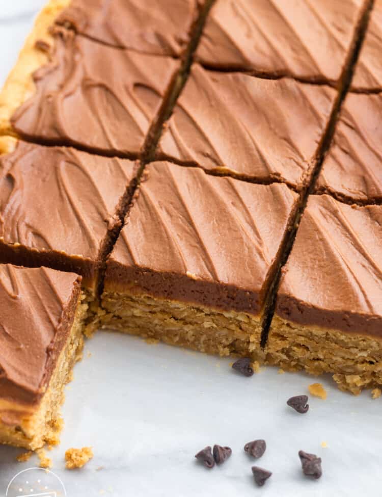 a pan of chocolate frosted peanut butter bars, cut into squares. Some pieces are removed, and mini chocolate chips are sprinkled in the space.