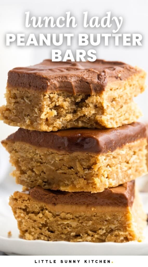 a stack of three peanut butter bars with frosting. Text overlay says "lunch lady peanut butter bars"