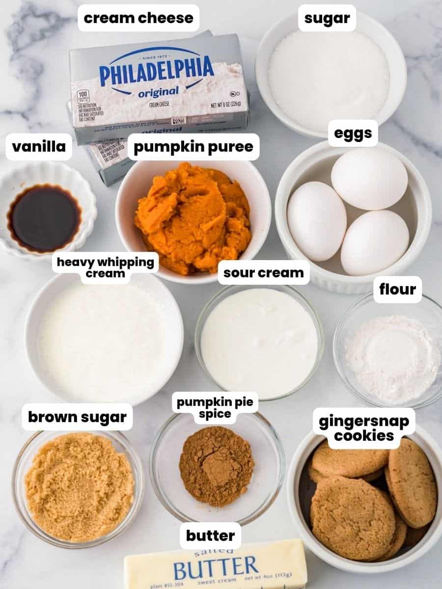The ingredients for pumpkin cheesecake bars, all measured into bowls and arranged on a counter.