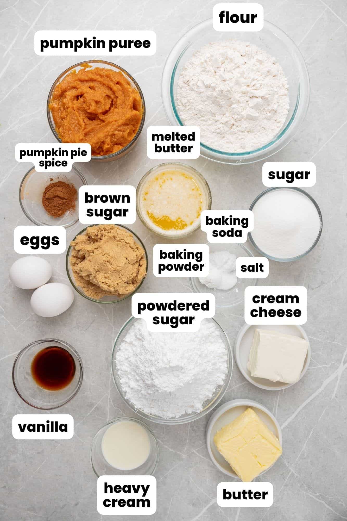 The ingredients needed to make pumpkin whoopie pies with cream cheese frosting